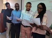 A group of trainee trainers learn training skills in a workshop in Namibia.