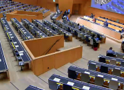 WIPO Assembly hall in hybrid mode - social distancing, and just a few delegates, due to COVID-19.