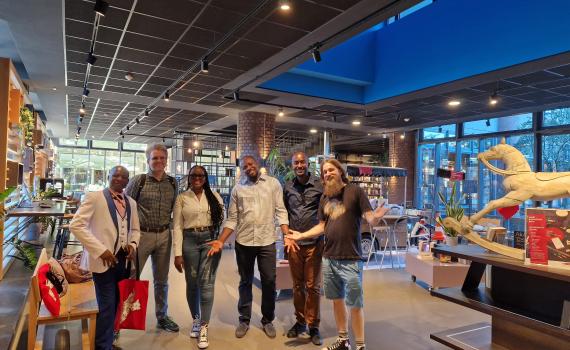 Visit to Cologne City Library, Kalk branch from the left, Mathew Olowo (Uganda), Edvaldas Baltrunas (EIFL), Aune Ndapewa Naambo (Namibia), Evans Kofi Korletey-Tene (Ghana), Franklin Mutuma Kiriinya (Kenya), and Bodo Pohla (Germany).