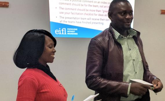 Two Zambian public librarians giving a presentation during a training of trainers workshop organised by EIFL in May 2019.