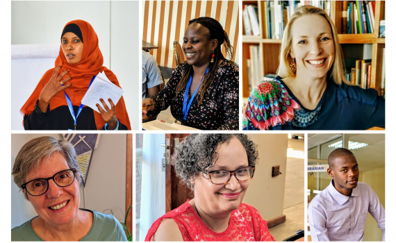 Photo collage, speakers at the webinar, clockwise from top left: Kaltuma Sama (Kenya), Caroline  Ngacaku (Kenya), Ugne Lipeikaite (EIFL, Moderator), Yusuf Ganyana (Kenya), Aletta Dunn (Namibia) and Susan Schnuer (EIFL).