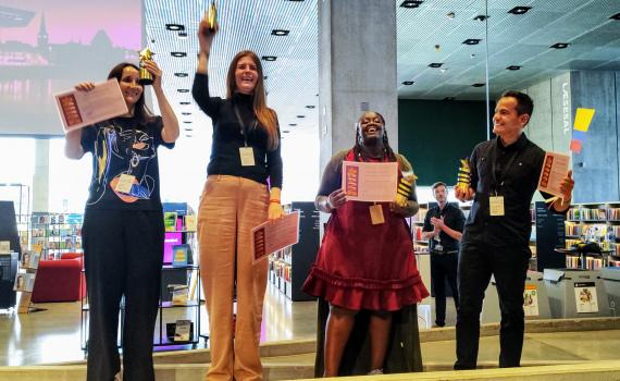 EIFL Public Library Innovation Awards ceremony at the Next Library Festival 2023 - from left, Jelena Rajic from Serbia, Martyna Maliene from Lithuania, Marianne Wamuyu from Kenya, and Ivan Eduardo Triana Bohoquez from Colombia.