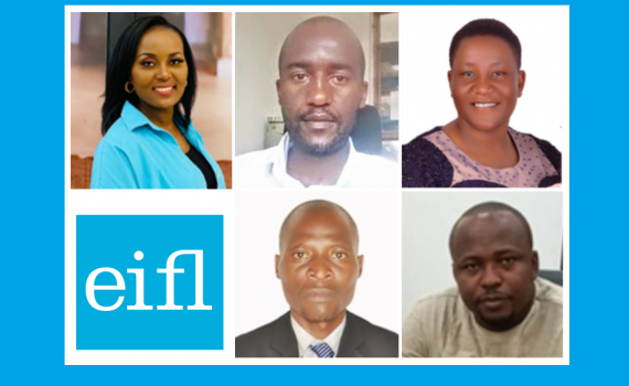 IYALI 2023 participants, clockwise from top left, Aune Ndapewa Naambo Iyambo, Kiriinya Franklin Mutuma, Ruth Bulyaba, Evans Korletey-Tene and Mathew Olowo.