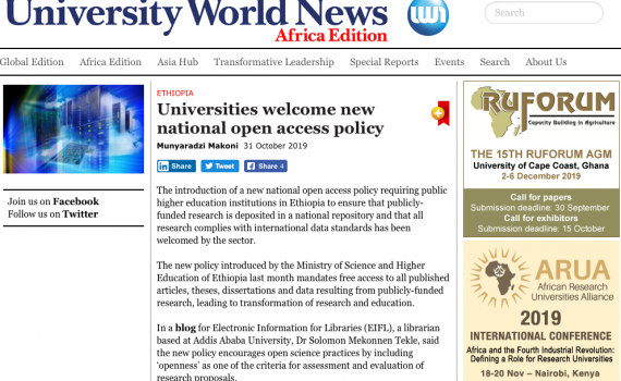Screen shot of Universities World News featuring the article titled Universities welcome new national open access policy.