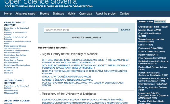 Screenshot of home page Open Science Slovenia website.