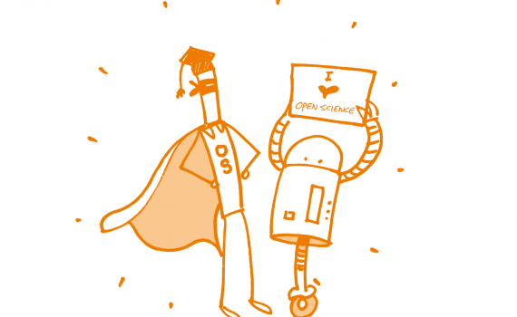 Logo  -  line-drawing of an academic with robot holding a banner saying 'I love Open Science'